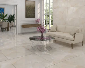 پذیرایی مدرن با کفپوش و دیوارپوش کاشی آریانا کرم در ابعاد 100×100